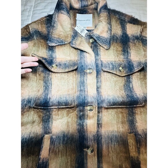 AMERICAN EAGLE Oversized Brushed Brown Plaid Shacket Women's MEDIUM NWT - Picture 5 of 11